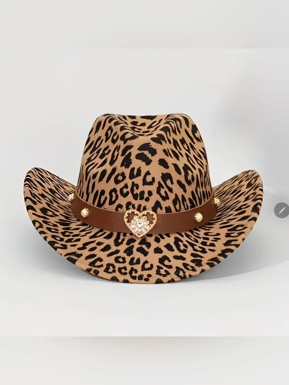 Leopard Print Cowboy Hat with Brown Studded Band and Heart Accent